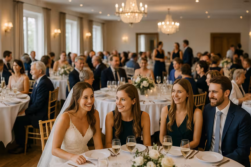 Invitados de boda en mesa escaneando código QR en centro de mesa para subir fotos
